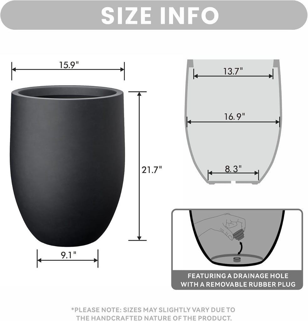 Large Round Bullet Black Concrete Planter 21.7" Tall, Outdoor | Rubber Plug for Indoor, Drainage for Garden