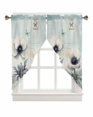Floral Swag Valance Retro Anemone Flowers Butterfly Country Style Blue Rod Pocket Kitchen Scalloped Window Treatment