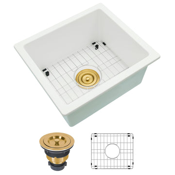 White Undermount Bar Sink, 15×17 Inch Small White Wet Bar or Prep Sink, 9 Inch Deep Granite Composite Outdoor Single