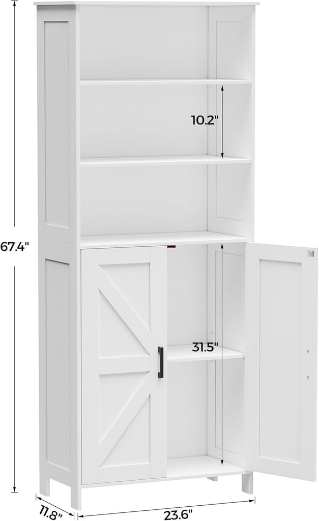 67" Tall Bathroom Storage Cabinet, Bathroom Floor Cabinet | Freestanding Farmhouse Cabinet with Doors and Adjustable
