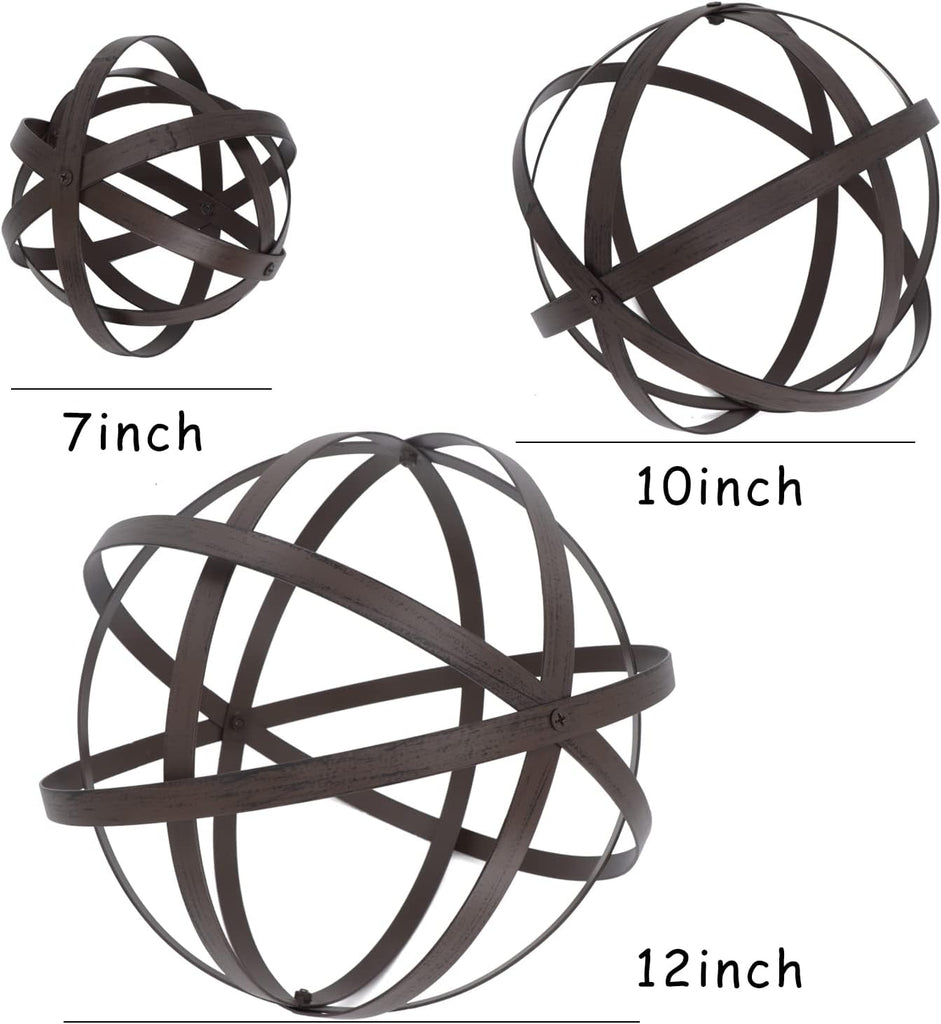 3 PCS Garden Spheres Balls Assorted Size Distressed Metal Band Decorative Sphere Folding Orbs Sculpture for Outdoor
