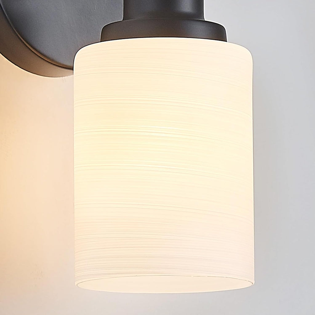 2-Light Vanity Lights, Black Bathroom Light Fixture with Striped Textured Milky White Glass Shade, Modern Vanity