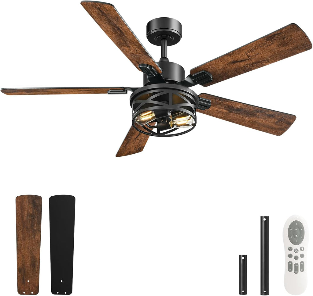 42 Inch Farmhouse Ceiling Fan with Lights and Remote, Timer, Dual Finish 5 Blades (Walnut and Black), 6 Speeds