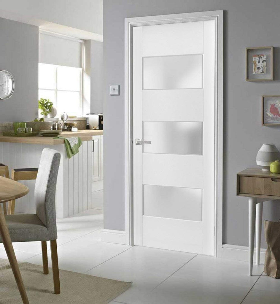Slab Barn Door Panel Frosted Glass 3 Lites 32 x 80 inches | Lucia 4070 White Silk | Sturdy Finished Doors | Pocket
