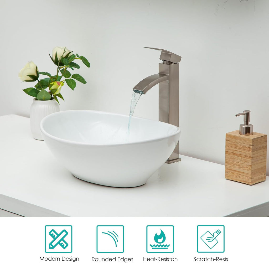 Kichae Oval Vessel Sink 16"x13" Modern Bathroom Vessel Sink Above Counter Egg Oval Shape White Porcelain Ceramic