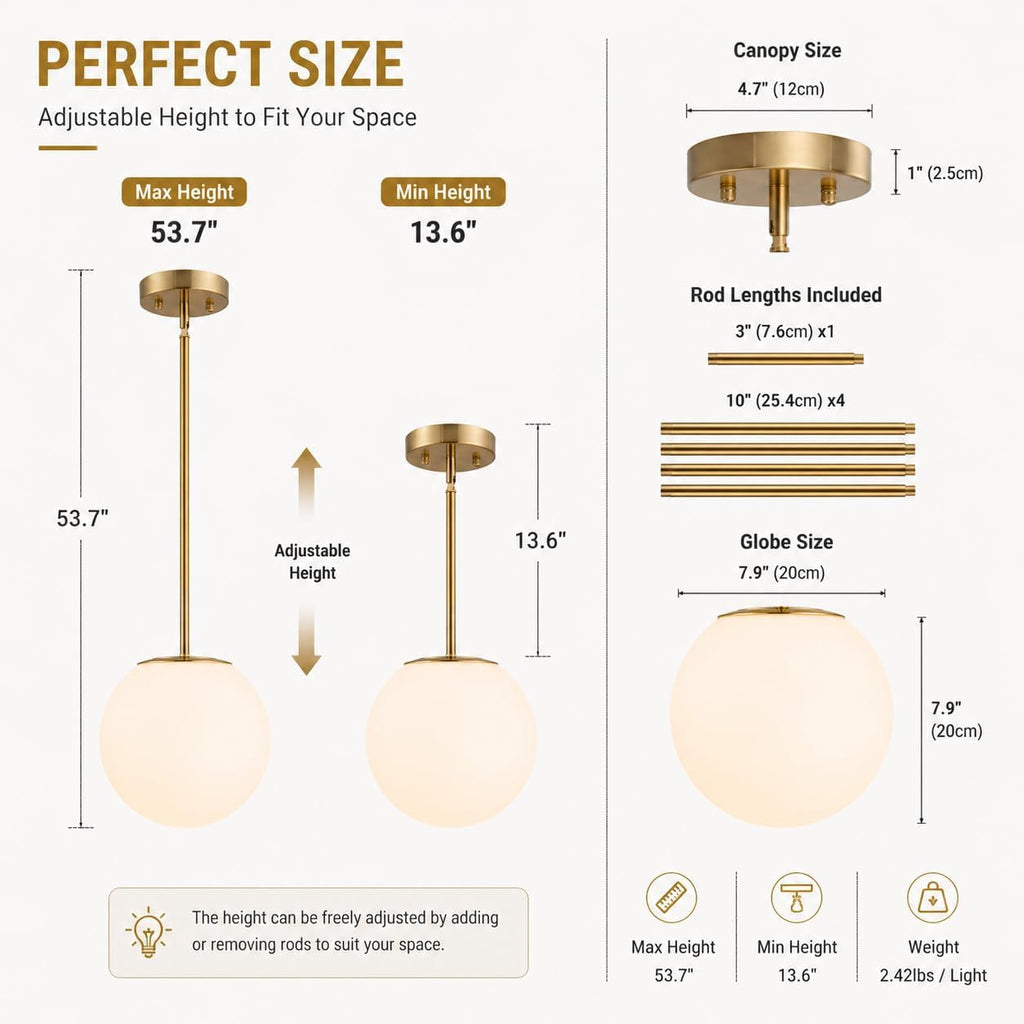 Mid Century Modern Pendant Light - 1-Light Gold Globe with White Glass Shade, Brushed Brass Finish, Adjustable Height