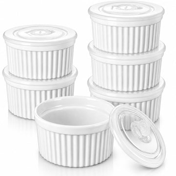 8 oz with Lid, Porcelain Creme Brulee Souffle Dishes, White Pudding Custard Cups Ramiken for Baking, Dishwasher and