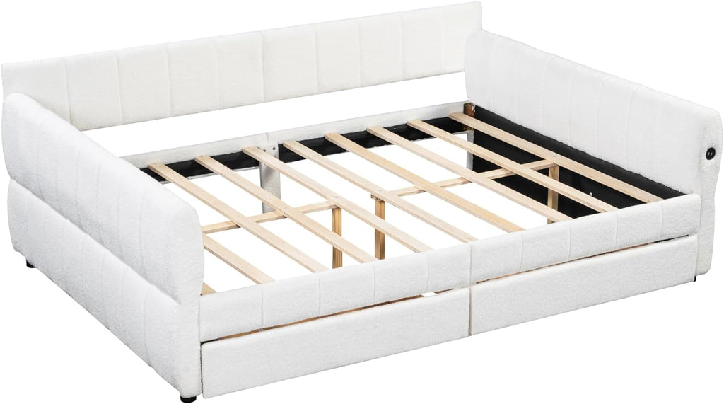 Queen daybed with USB, Queen Corner Bed with Two Drawers, Upholstered Bed Frame for Kids,Teens,Adults, Lambswool