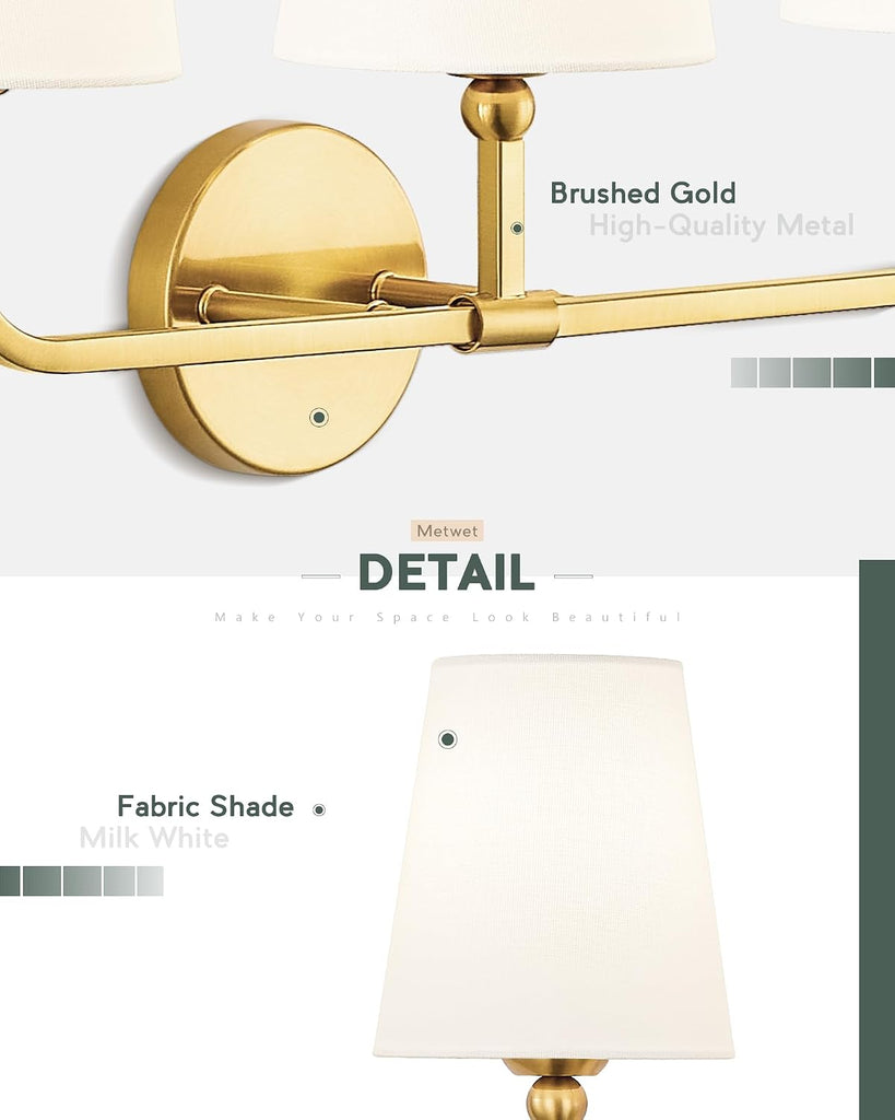 2 Light Bathroom Vanity Light, Brushed Gold Double Wall Sconce with Flared White Fabric Shade, Modern Sconces Wall