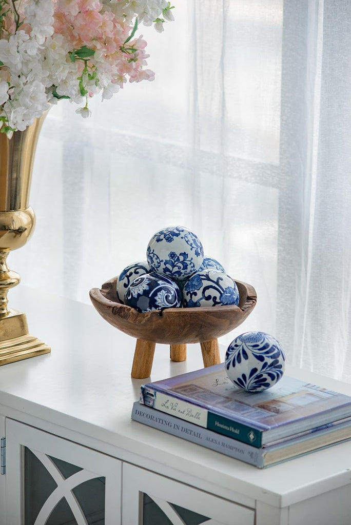 Set of 6 Porcelain Decorative Spheres - Handcrafted Blue and White Floral Orbs Decor, Tabletop Accent, Shelf Display