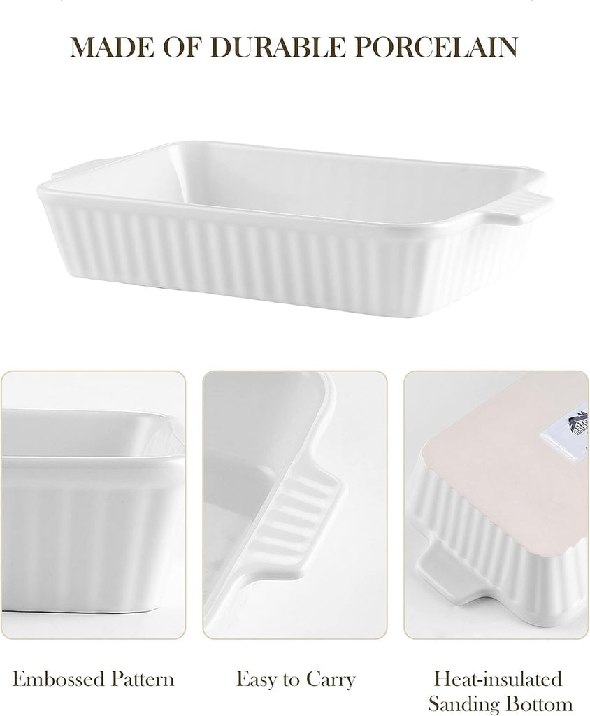 Casserole Dishes for Oven, Ceramic Dishes Set of 4, White | Rectangular Deep Lasagna Pans with Handles for Roasting