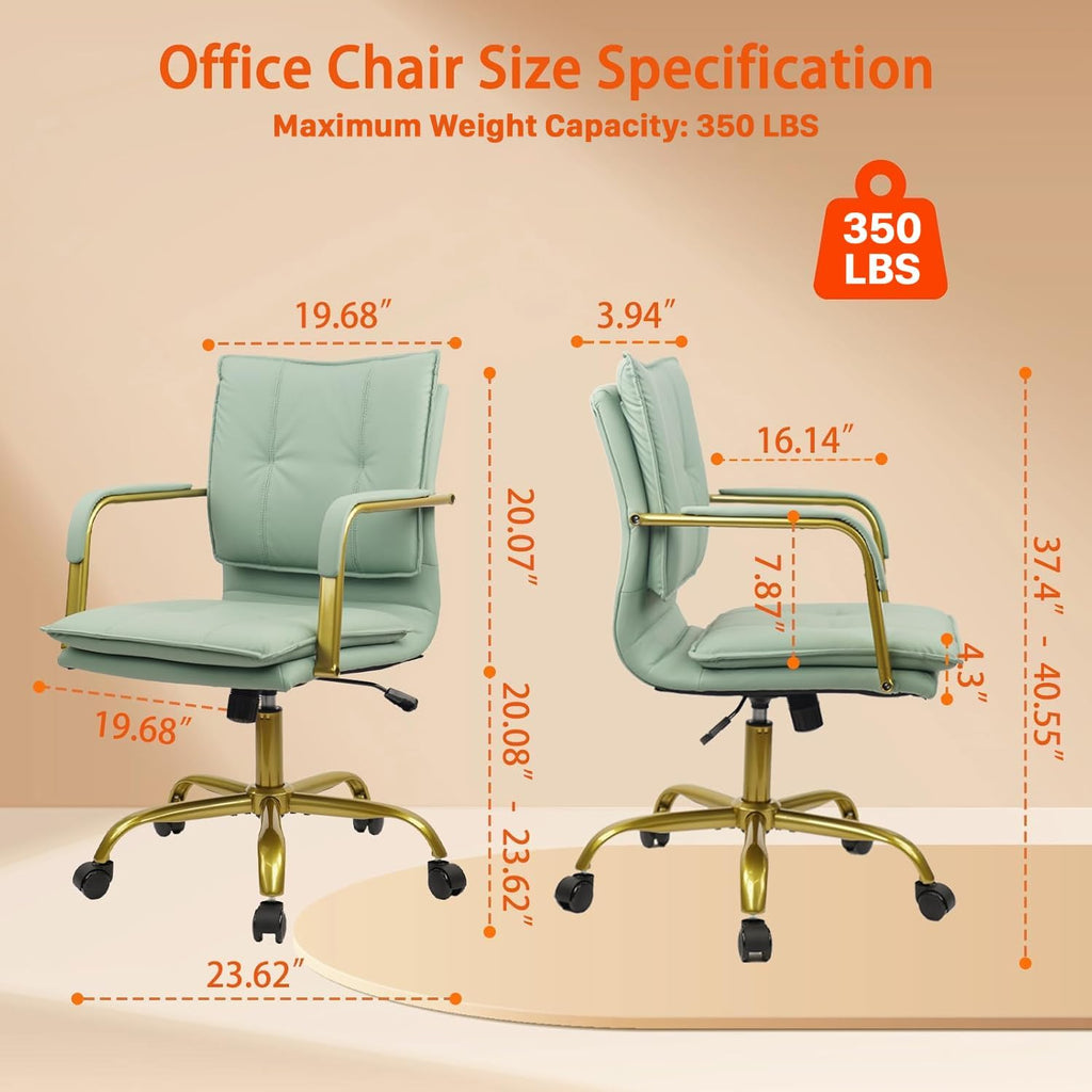 Leather Home Office Desk Chairs, Swivel Mid-Back Computer Chair with Golden Legs and Arms, Comfy Upholstered Task