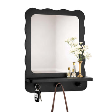 Wood Wall Mount Mirror with Shelf and 3 Hooks, 16 x 12 Inch Modern Scallop Decorative Entryway Mirror, Vanity, Black