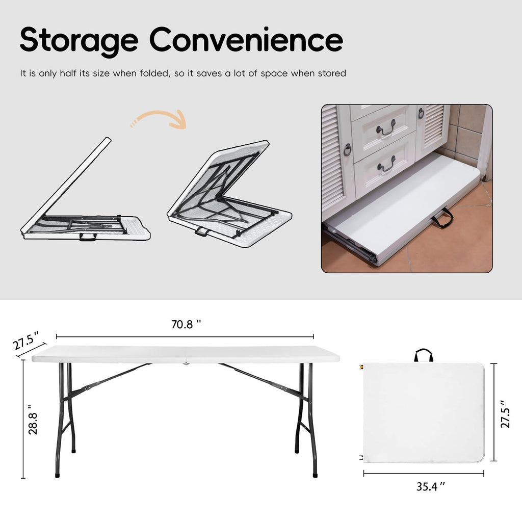 6FT Folding Table Heavy Duty Portable Plastic Foldable Table White