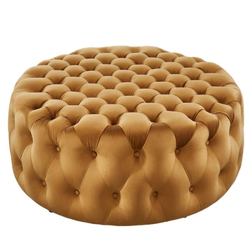 Amour Tufted Button Large Round Performance Velvet Ottoman in Cognac