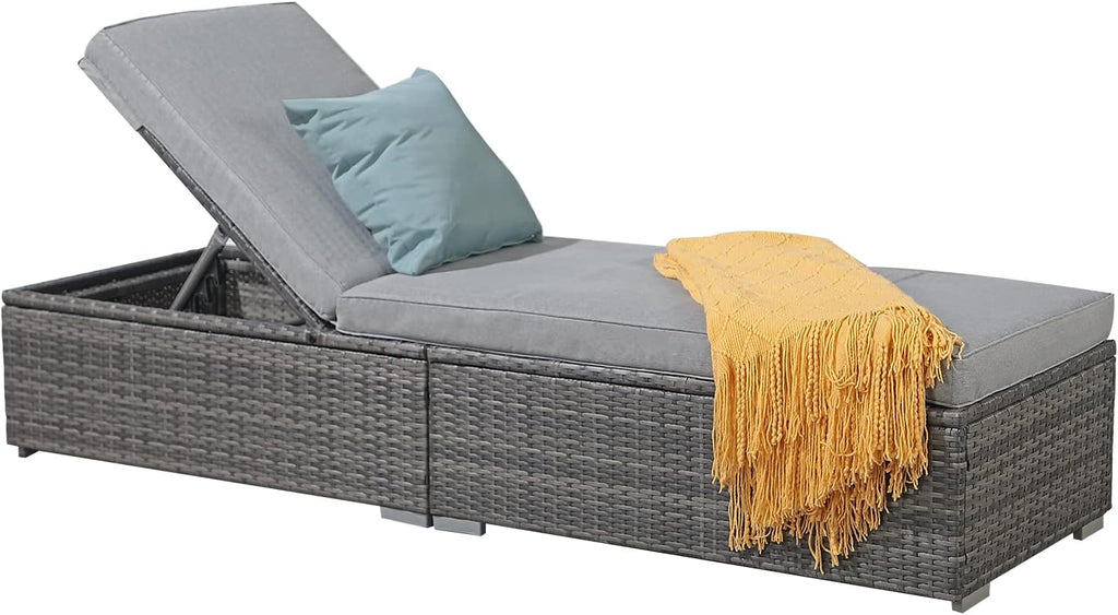 Outdoor Patio Chaise Lounge Chair, Grey Wicker, Light Grey | Reclining Adjustable PE Rattan Lounge Chair Sun Lounger