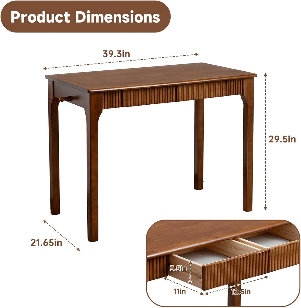 39.4'' Solid Wood Desk with Drawers, Mid Century Modern Home Office Desk