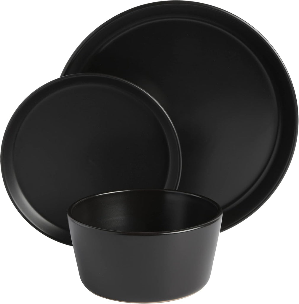Sofia Coupe 12-Piece Stoneware Dinnerware Set, Service for 4 - Black Plates and Bowls