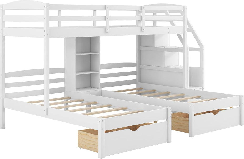 Wood Triple Bunk Bed with Storage Stairs and Drawers Twin Over Twin Over Twin Wooden Bunk Bed with Storage for 3 Kids