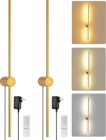 33" Wall Sconces Set of 2 with Remote Control, Dimming & 3 Color Temperatures, Plug-in Gold Wall Lights for Bedroom