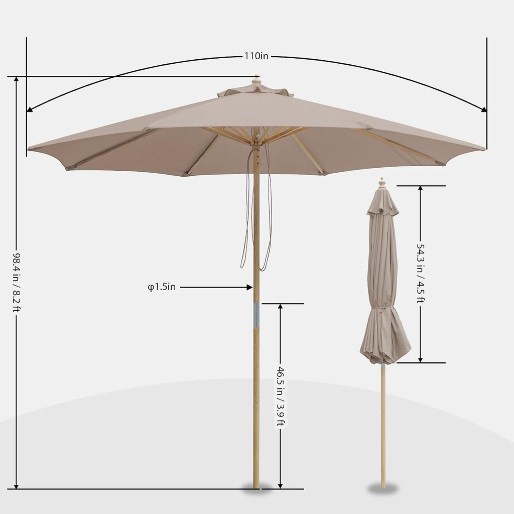 9FT/10FT Wood Patio Umbrella, Large Outdoor Table Umbrella with 205G Olefin/180G Yarn-Dyed Fabric, Push-Pull Operation