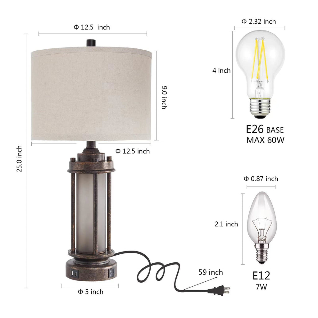 25'' Set of 2 Farmhouse Table Lamps with USB C+A