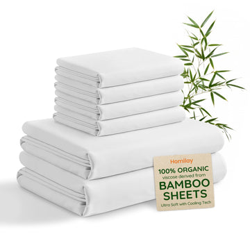 Queen 6 Pieces 100% Viscose Derived from Bamboo Sheet Set, Silky Smooth Soft Bedding with Deep Pocket UP to 16