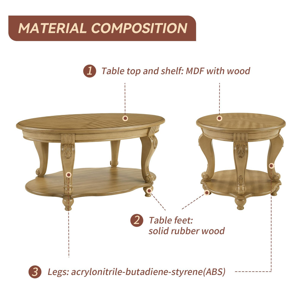 Round Coffee Table, 42" Oval Coffee Table with Storage, Victorian Center Table with Carved Legs, 2-Tier Cocktail