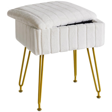 Vanity Chair with Storage, Faux Fur Footrest Ottoman, White