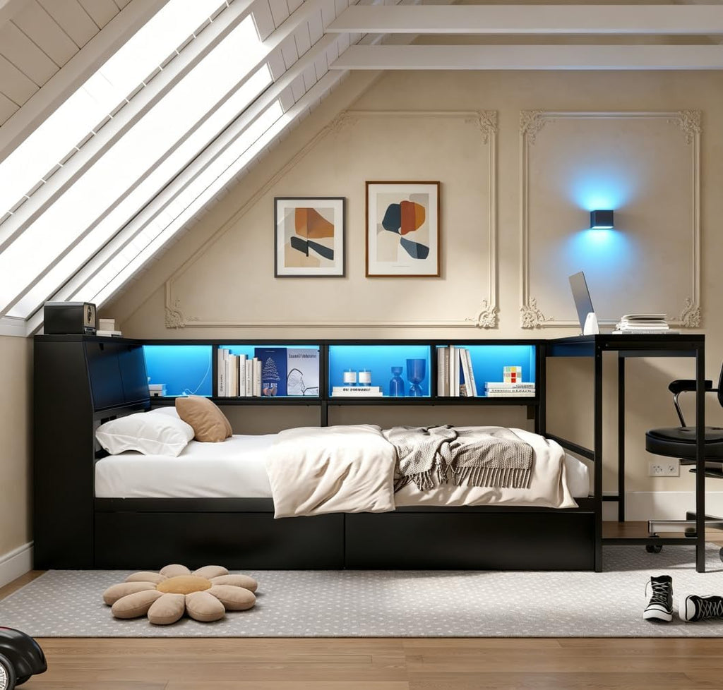 Twin Corner Bed Frame with Desk and Storage, Twin Size cornner Bed with Charging Station and LED Light, Wood Daybeds