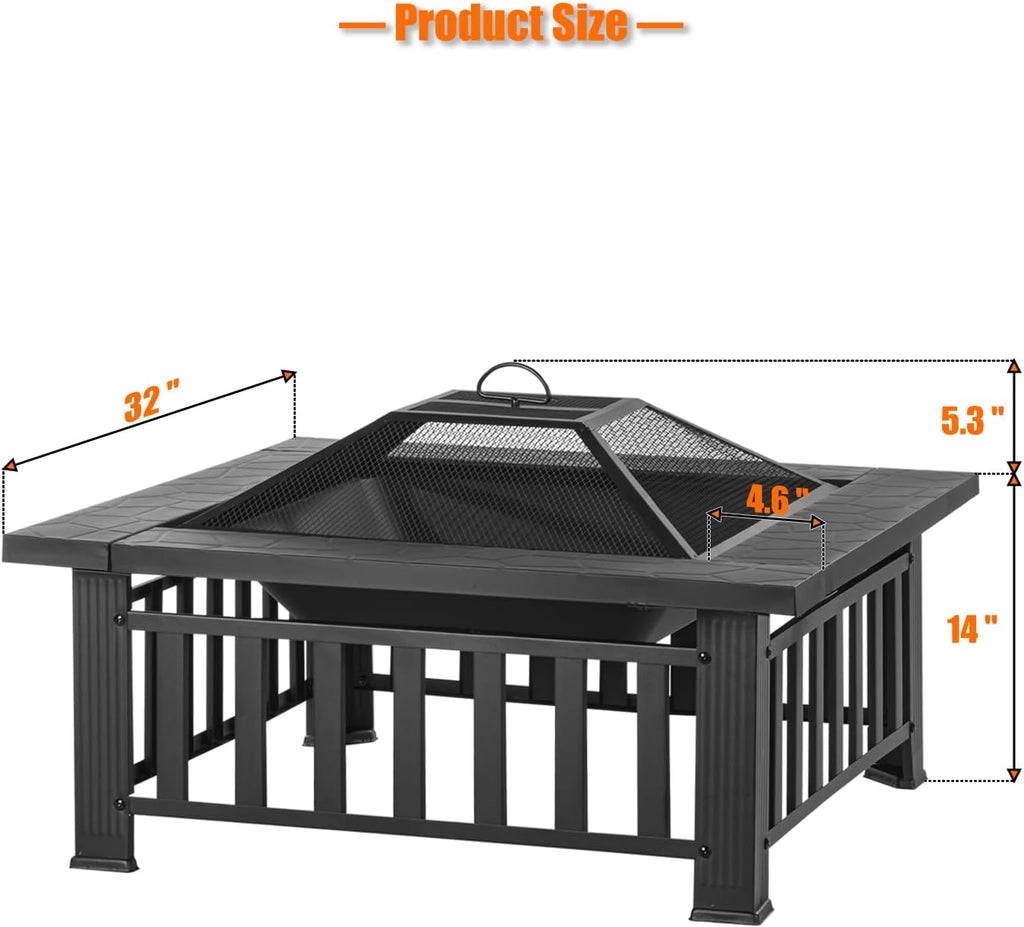 32 inch Fire Pit, Square Outdoor Fire Pit Table with Spark Screen & Fire Poker