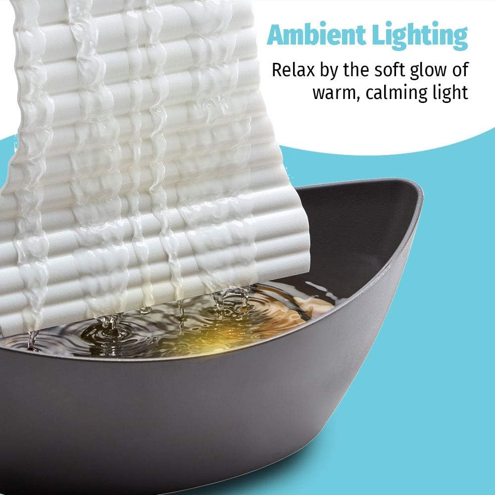 White Waters Relaxation Indoor Tabletop Fountain, Ambient LED Lighting and Natural Waterfall Sounds, Desktop, Spa