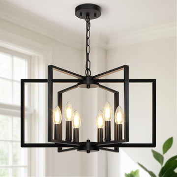 Black Farmhouse Chandelier, 6 Light Geometric Dining Room Light Fixture, Modern Industrial Metal Ceiling Light Rustic
