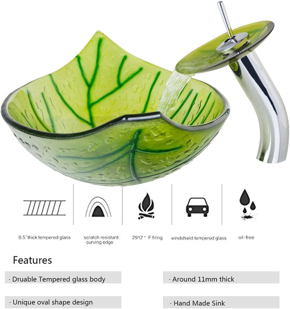 Vessel Sink Leaf Shape Tempered Glass Washing Basin Bowl Waterfall Chrome Faucet Mixer Tap Pop Up Drain Deck Mounted Set