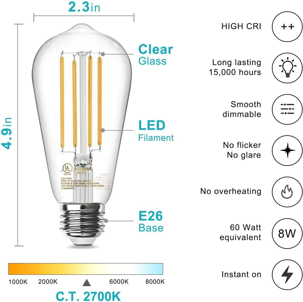 Edison Light Bulbs 60W Equivalent, Dimmable Vintage LED Light Bulbs, E26 Medium Base, Warm White 2700K, ST58, 8W (6 Pack)