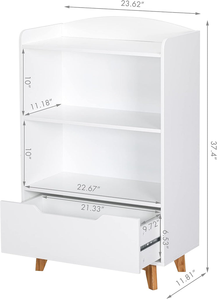 Kids Bookshelf, Children Bookcases with Drawer, Toy Storage Organizer | Corner Book Shelf for Kids Rooms, Solid Wood
