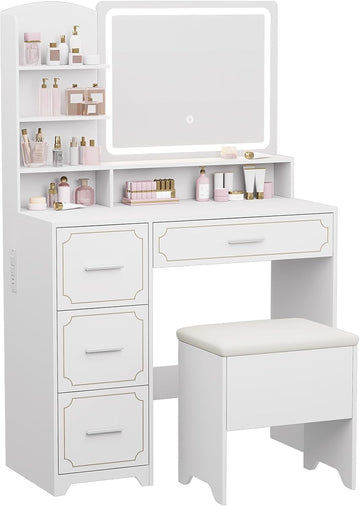 Vanity Table with LED Mirror & Power Outlet - 5 Open Shelves, 4 Drawers - Includes Padded Stool - Ideal Bedroom