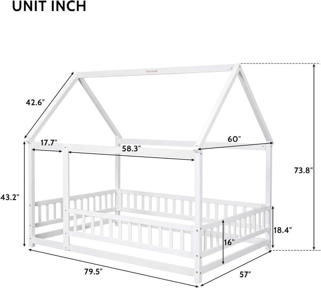 Full Size House Floor Bed,Wooden Montessori Bed with Fence and Roof for Kids,Playhouse Full Bed Frame for