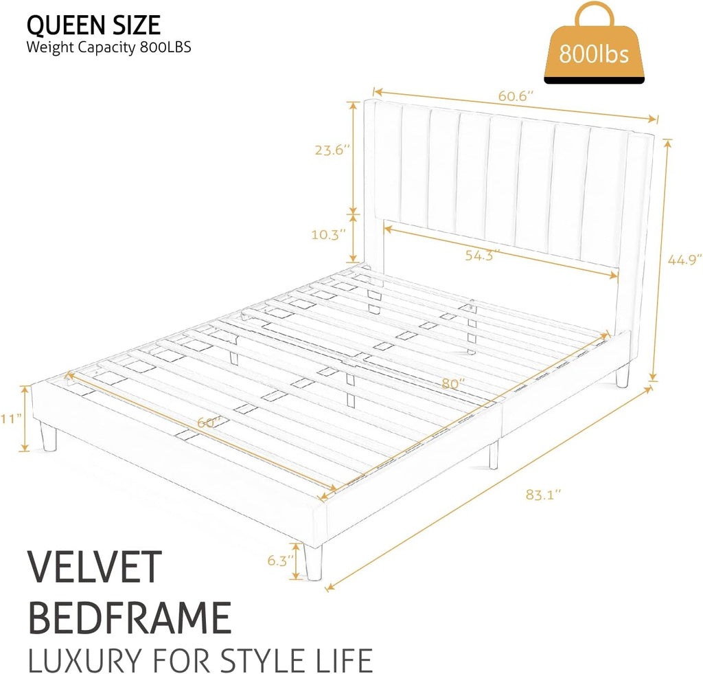 Queen Bed Frame/Velvet Upholstered Platform Bed Frame with Headboard/Strong Wood Slats Support/Mattress Foundation/No