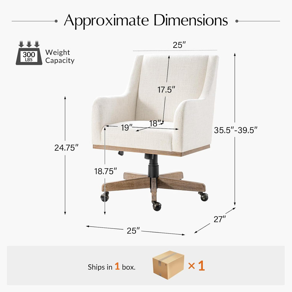 Wood Upholstered Home Office Desk Chair with Curved Armrests, Farmhouse Adjustable Height 360° Swivel Wide Seat