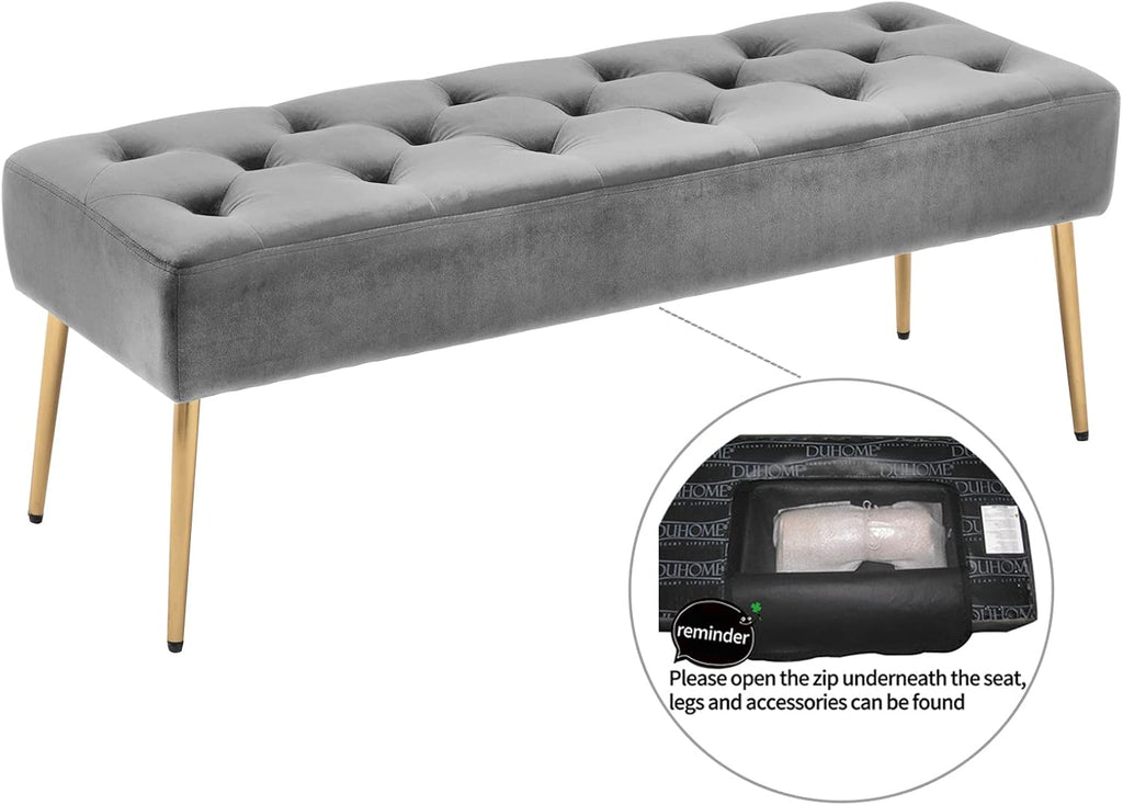 Modern Velvet Ottoman Bench, Button-Tufted Upholstered Bedroom Benches,End of Bed Bench with Gold Base Living Room