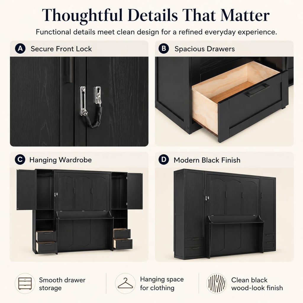 Queen Murphy Bed Cabinet with Desk & Storage, Wall Bed Cabinet Bed with Closet, Drawers and Shelves, Hidden Folding