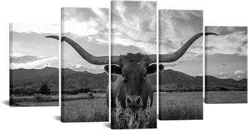 5 Piece Texas Animal Canvas Wall Art Longhorn Black & White Canvas Print Modern Canvas Paintings Living Room Wall