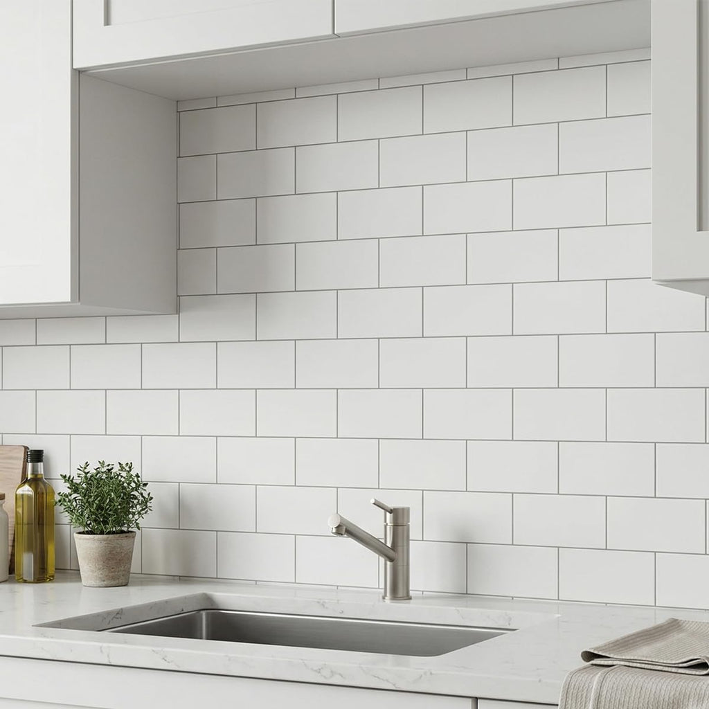 10- Sheet Polished White Peel and Stick Backsplash, 12''Luxury PVC Ceramic Look Self Stick Subway Tiles, Waterproof - Set of 10