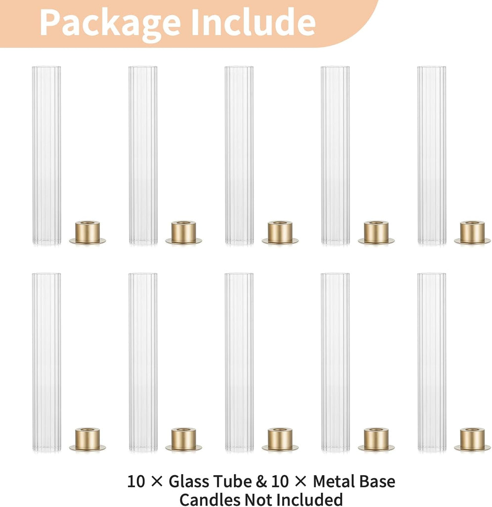Hurricane Candle Holder for Centerpiece: Set of 10 Metal Taper Candle Holders with Fluted Glass Cylinders - Gold