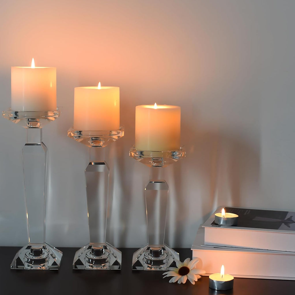 Crystal Candelabra Set, Dual-Sided Candle Holder Reversible for Taper, Tealight & Pillar Candles 3-in-1 Versatile