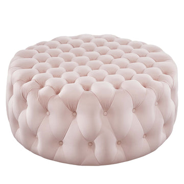 Amour Tufted Button Large Round Performance Velvet Ottoman in Pink