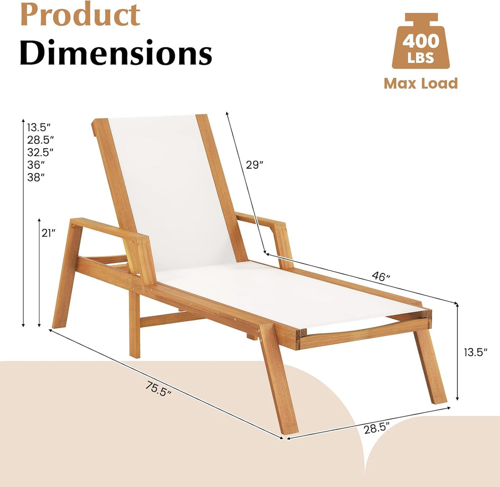 Wood Chaise Lounge Chair Outdoor, Patio Sun Lounger with Adjustable Back, Acacia Wood Lounge Chair with Breathable