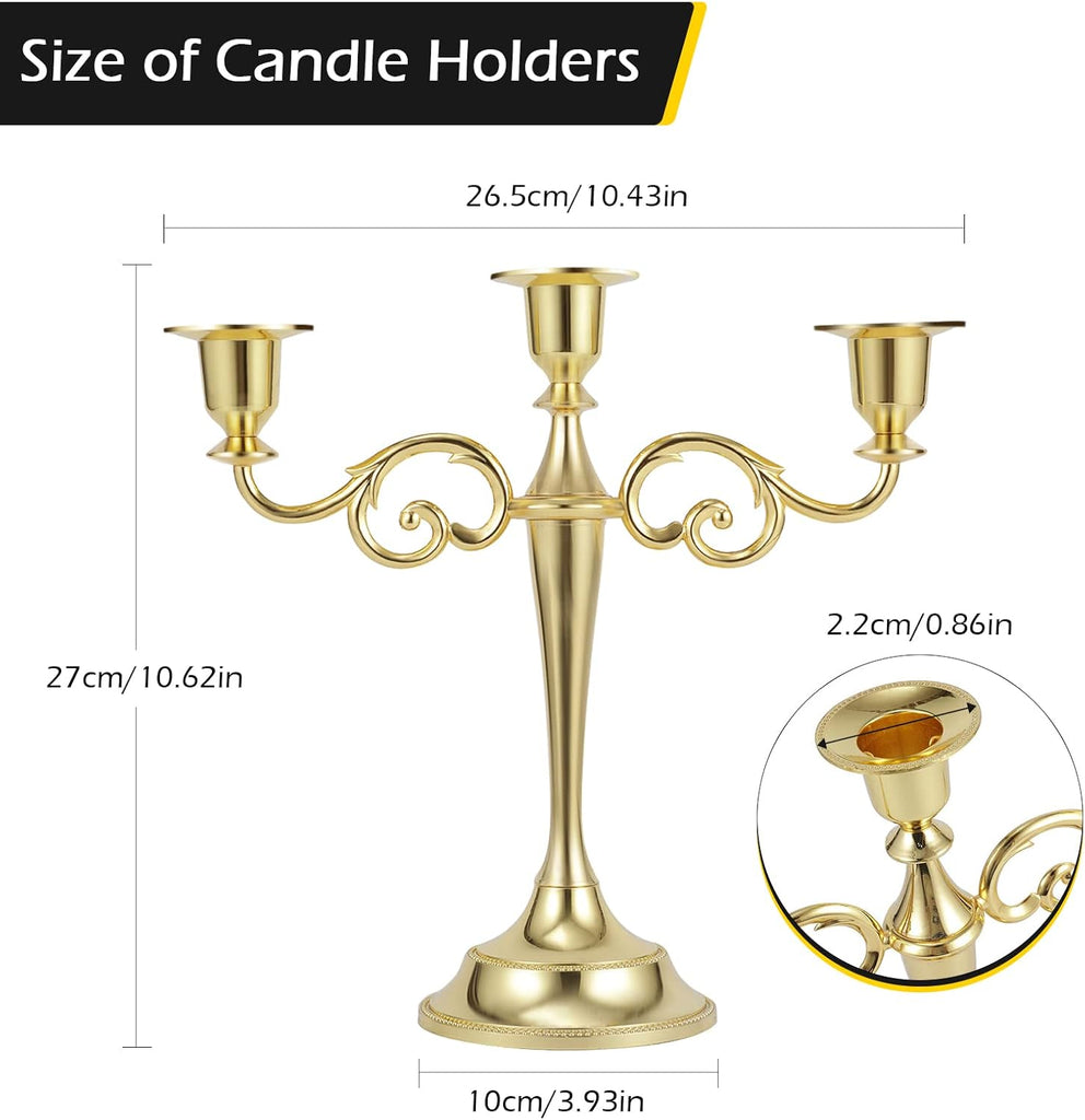 Gold Candelabra Centerpiece 3-Arms Candelabra Candle Holder for Tables, 2 Packs Metal Candlestick Stand Candelabras