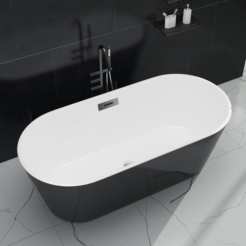 59 Inch Freestanding Bathtub, Acrylic, Deep Soaking Tub with Non-Slip Base, Modern Black Free Standing Tub for